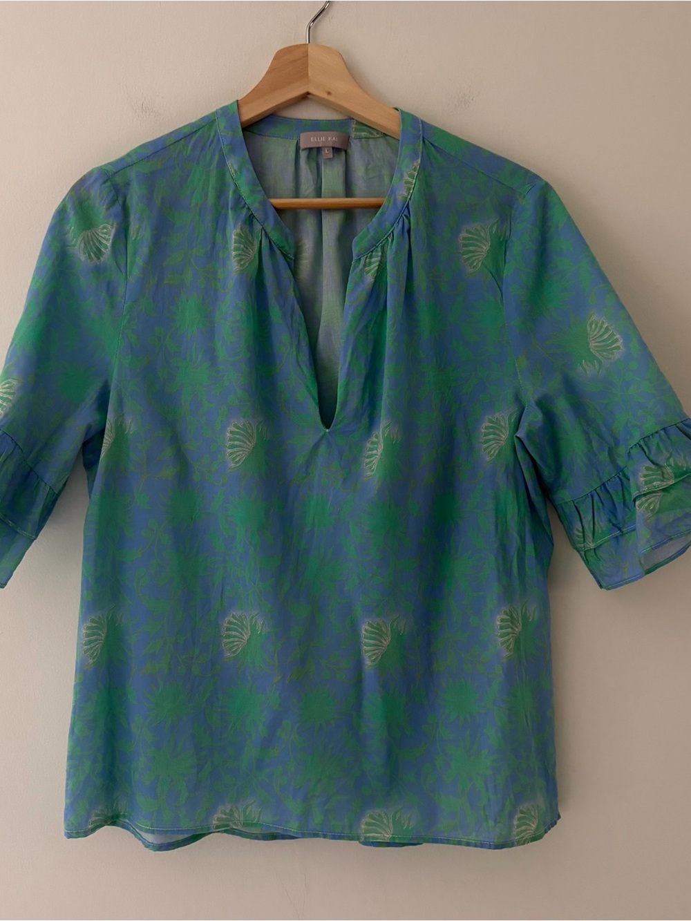 Ellie Kai Blouse Cotton Voile Lightweight Blue Green Short Sleeve Size Large